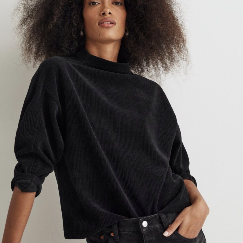Madewell Black Striped Jacquard Funnelneck Pullover Top Size‎ Large